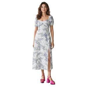 & Other Stories Blue White Floral Puff Sleeve Linen Midi Dress-size 12